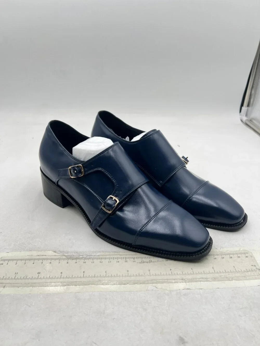 Blue Men's Dress Loafers Unique Fashion Double Monk Strap Buckle Cap Toe Loafers